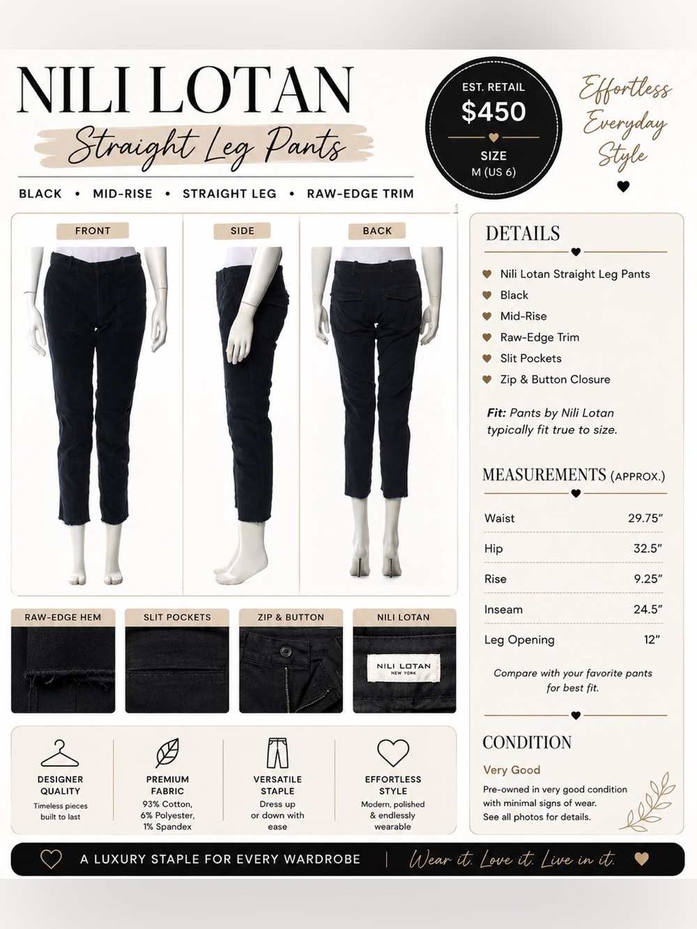 #1283 Nili Lotan Black Mid-Rise Straight Leg Pants